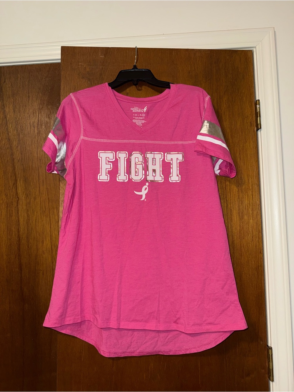 🐠 Ladies' Pink 'FIGHT' V-Neck Tee with Silver Accents